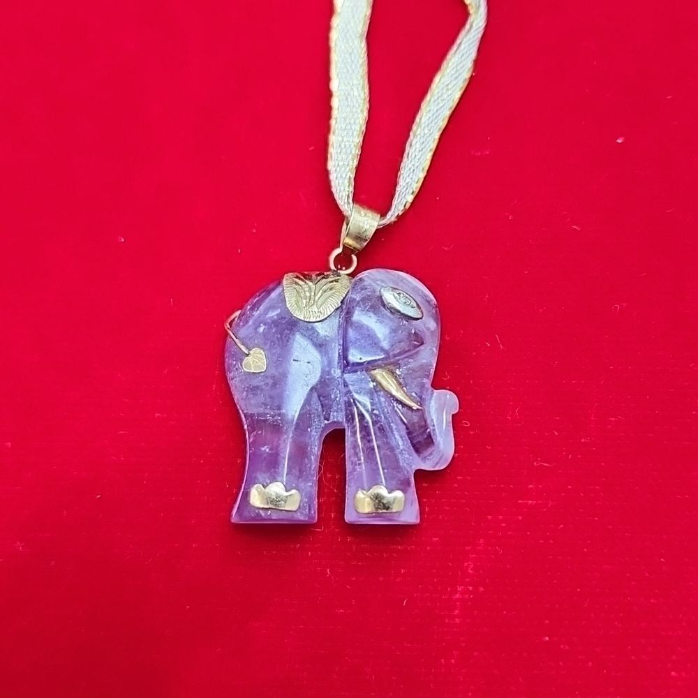 14K 585 Yellow Gold Amethyst Elephant Pendant Charm